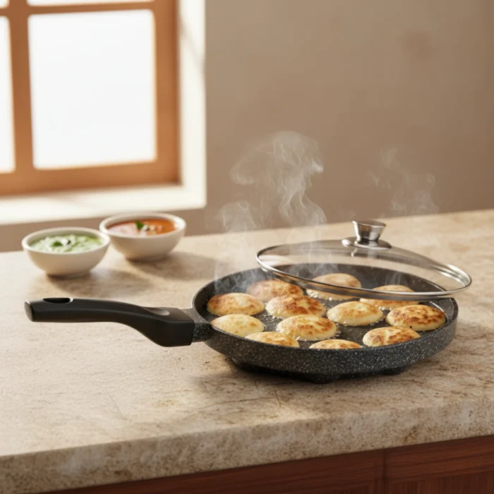 77 Non-Stick Appam Patra with Glass Lid & 12 Cavities - Image 1