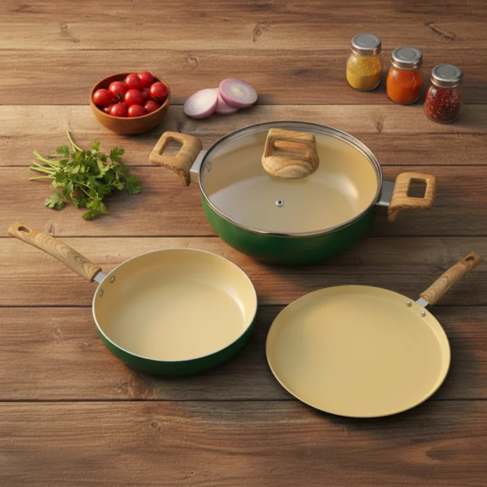 4 PC Non-Stick Ceramic Cookware Gift Set – Deep Kadai, Frypan & Dosa Tawa with Glass Lids, Induction & Gas Compatible - Image 1